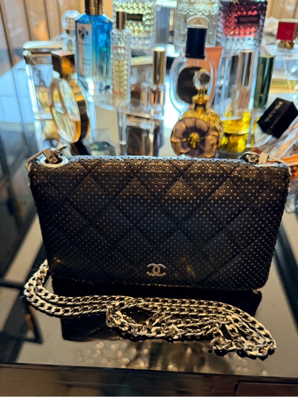 Vintage CHANEL Black Quilted Perforated Leather Crossbody with Silver Chain
